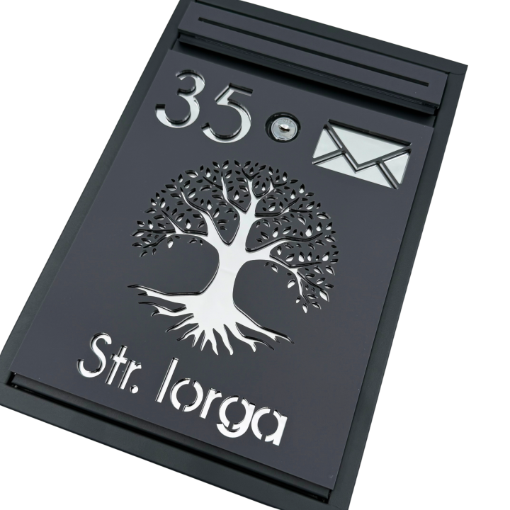 CUTIE POSTALA PERSONALIZATA - Gri Antracit Satinat / Argintiu Oglinda - 32x22x9cm 🌳