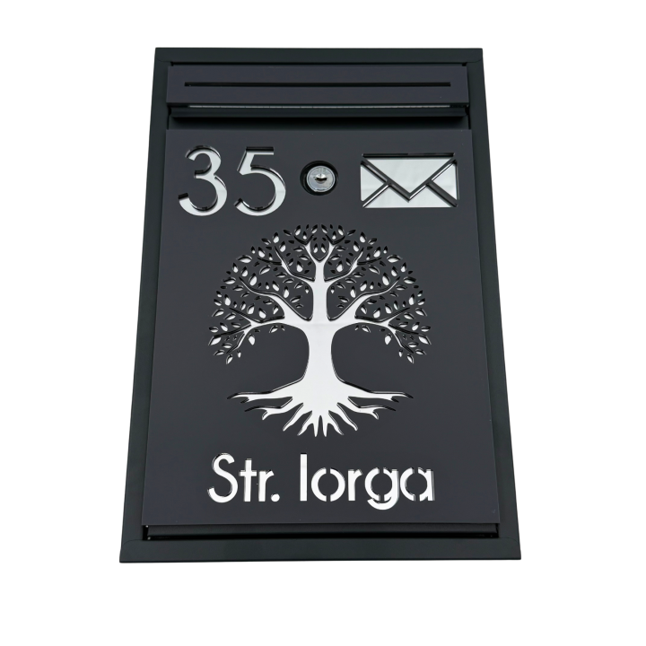 CUTIE POSTALA PERSONALIZATA - Gri Antracit Satinat / Argintiu Oglinda - 32x22x9cm 🌳