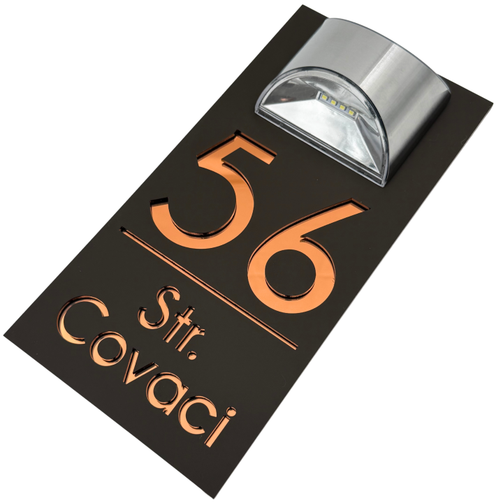 NUMAR CASA PREMIUM - Maro Satinat / Cupru Oglinda / Lampa Solara - 30x15cm