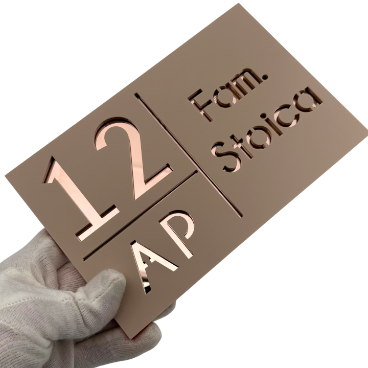 NUMAR APARTMANET PREMIUM - Crem Satinat / Roze Auriu Oglinda - 20x13cm