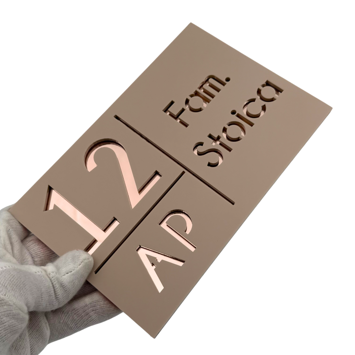 NUMAR APARTMANET PREMIUM - Crem Satinat / Roze Auriu Oglinda - 20x13cm