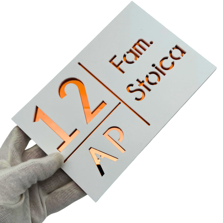 NUMAR APARTMANET PREMIUM - Alb Satinat / Cupru Oglinda - 20x13cm