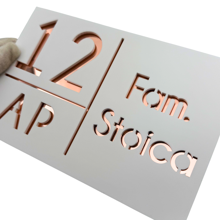 NUMAR APARTMANET PREMIUM - Alb Satinat / Roze Auriu Oglinda - 20x13cm