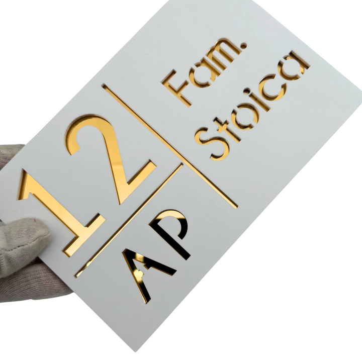 NUMAR APARTMANET PREMIUM - Alb Satinat / Auriu Oglinda - 20x13cm