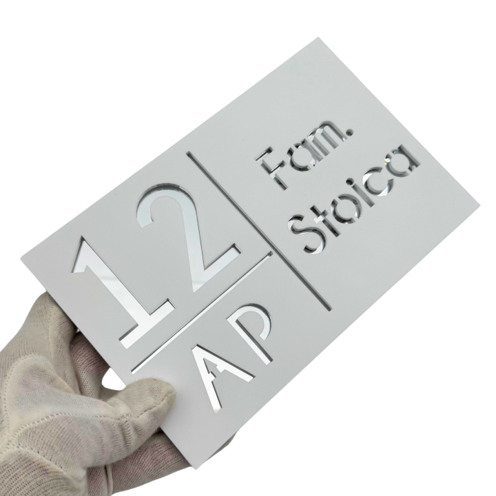 NUMAR APARTMANET PREMIUM - Alb Satinat / Argintiu Oglinda - 20x13cm