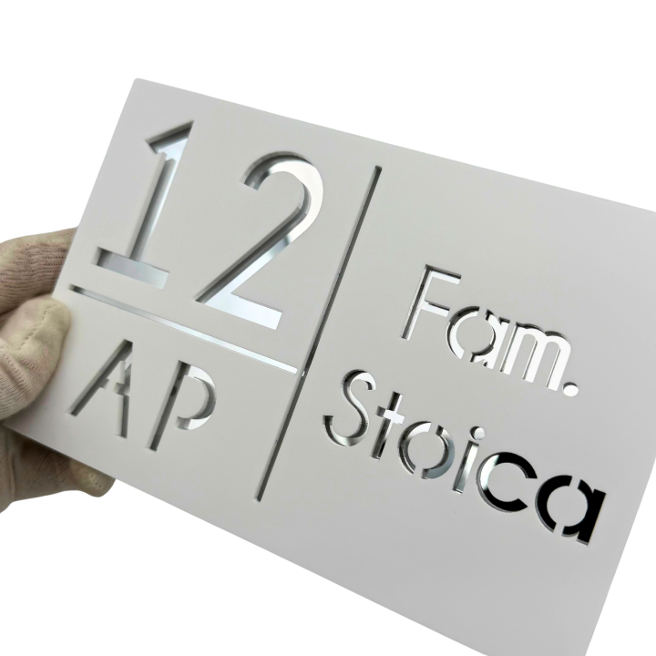 NUMAR APARTMANET PREMIUM - Alb Satinat / Argintiu Oglinda - 20x13cm