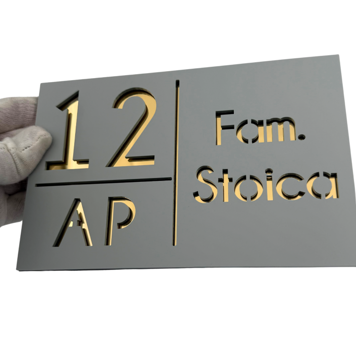 NUMAR APARTMANET PREMIUM - Gri Light Satinat / Auriu Oglinda - 20x13cm