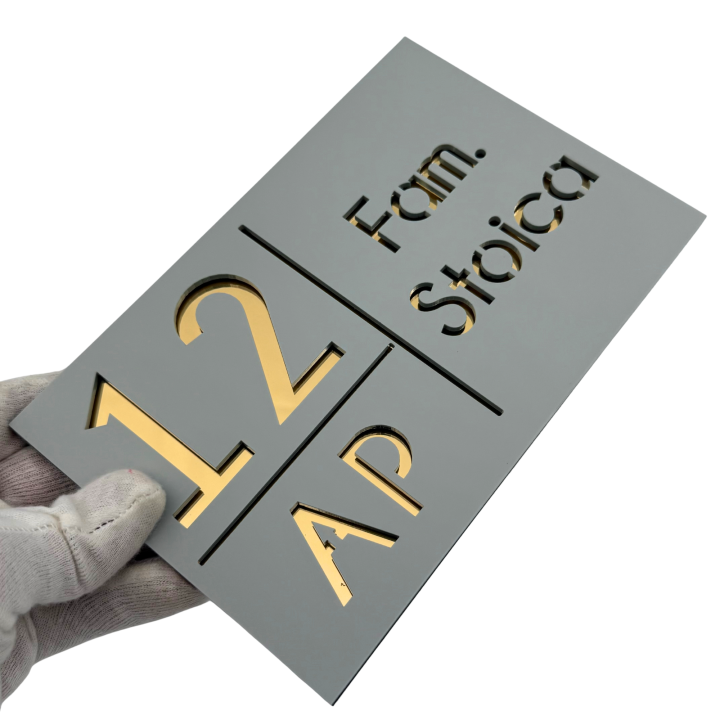 NUMAR APARTMANET PREMIUM - Gri Light Satinat / Auriu Oglinda - 20x13cm