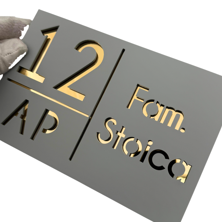 NUMAR APARTMANET PREMIUM - Gri Light Satinat / Auriu Oglinda - 20x13cm