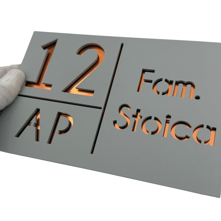 NUMAR APARTMANET PREMIUM - Gri Light Satinat / Cupru Oglinda - 20x13cm