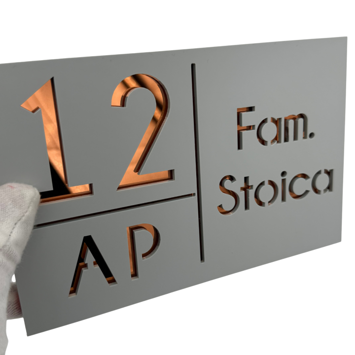 NUMAR APARTMANET PREMIUM - Gri Light Satinat / Cupru Oglinda - 20x13cm