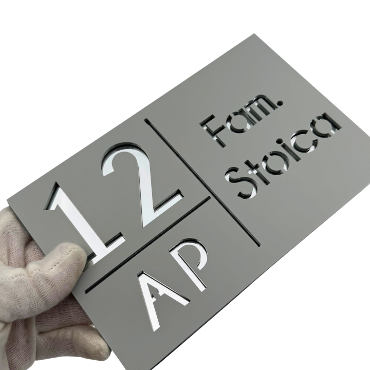 NUMAR APARTMANET PREMIUM - Gri Light Satinat / Roze Auriu Oglinda - 20x13cm