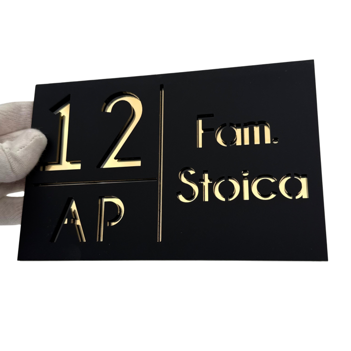 NUMAR APARTMANET PREMIUM - Negru Satinat / Auriu Oglinda - 20x13cm