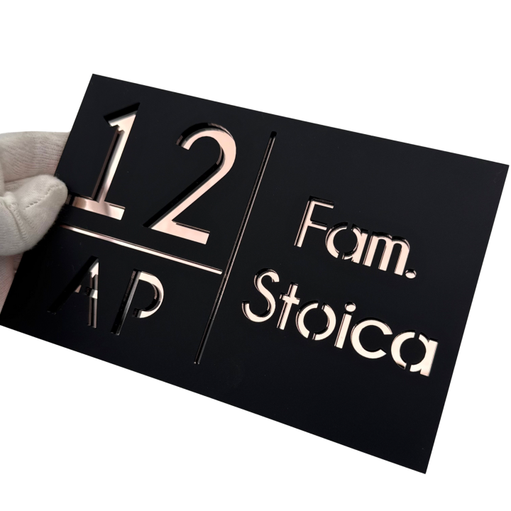 NUMAR APARTMANET PREMIUM - Negru Satinat / Roze Auriu Oglinda - 20x13cm