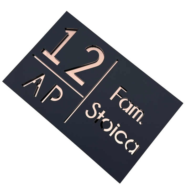 NUMAR APARTMANET PREMIUM - Gri Satinat / Roze Auriu Oglinda - 20x13cm