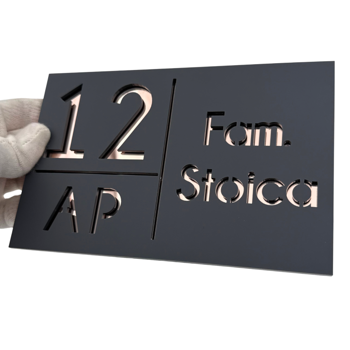 NUMAR APARTMANET PREMIUM - Gri Satinat / Roze Auriu Oglinda - 20x13cm