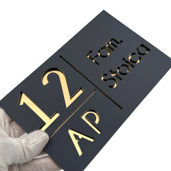 NUMAR APARTMANET PREMIUM - Gri Satinat / Auriu Oglinda - 20x13cm