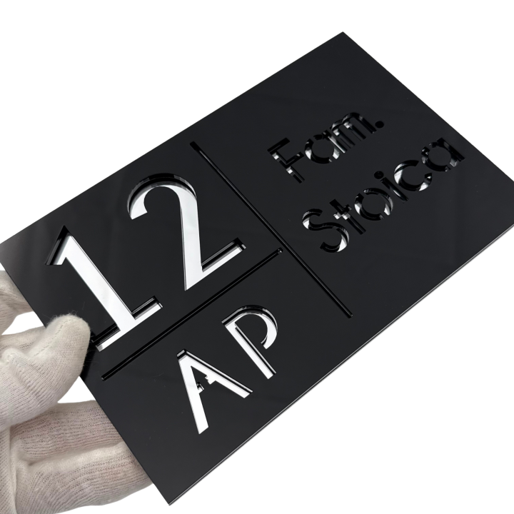 NUMAR APARTMANET PREMIUM - Negru Lucios / Argintiu Oglinda - 20x13cm