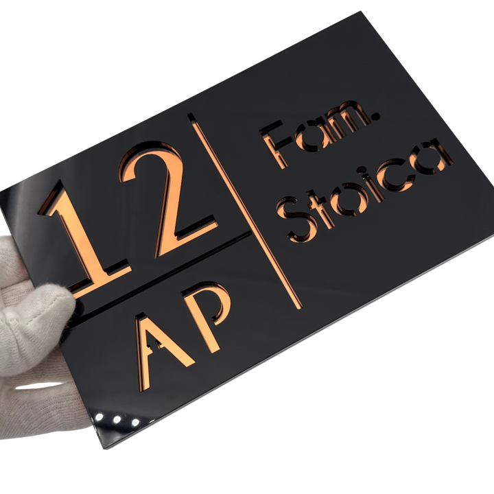 NUMAR APARTMANET PREMIUM - Negru Lucios / Cupru Oglinda - 20x13cm