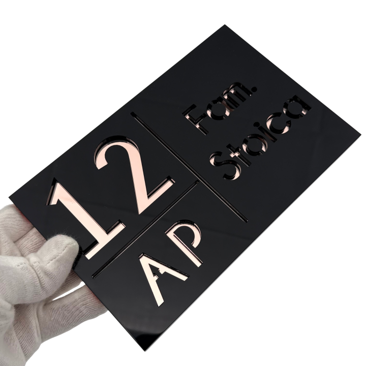 NUMAR APARTMANET PREMIUM - Negru Lucios / Roze Auriu Oglinda - 20x13cm