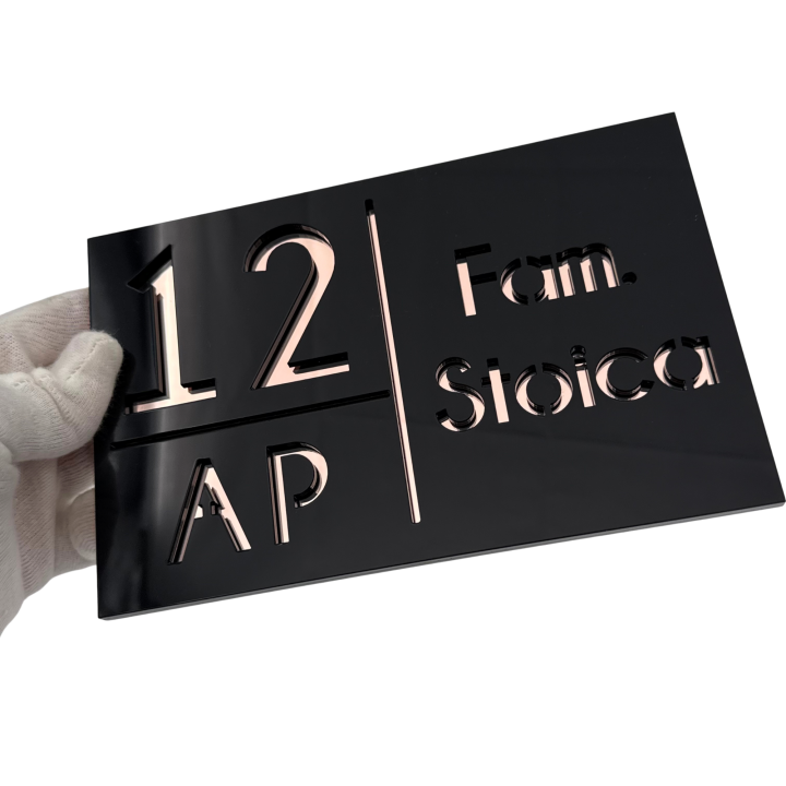 NUMAR APARTMANET PREMIUM - Negru Lucios / Roze Auriu Oglinda - 20x13cm