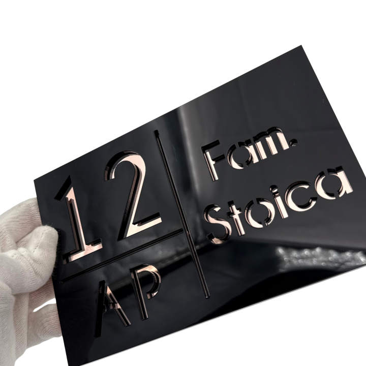 NUMAR APARTMANET PREMIUM - Negru Lucios / Roze Auriu Oglinda - 20x13cm