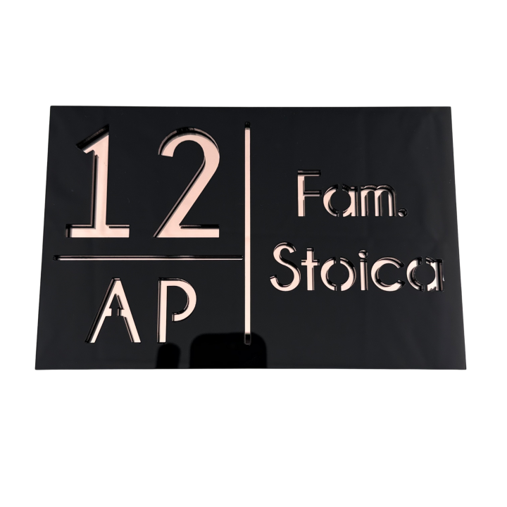 NUMAR APARTMANET PREMIUM - Negru Lucios / Roze Auriu Oglinda - 20x13cm