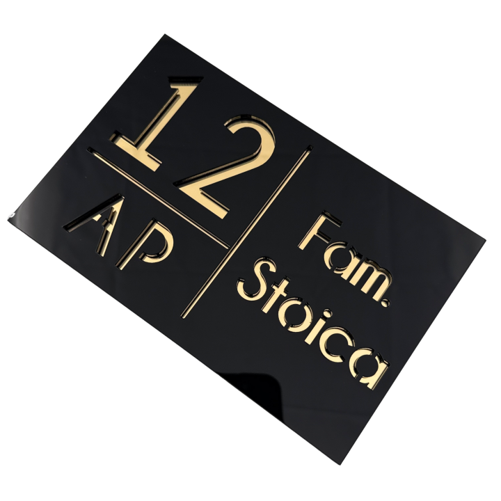 NUMAR APARTMANET PREMIUM - Negru Lucios / Auriu Oglinda - 20x13cm