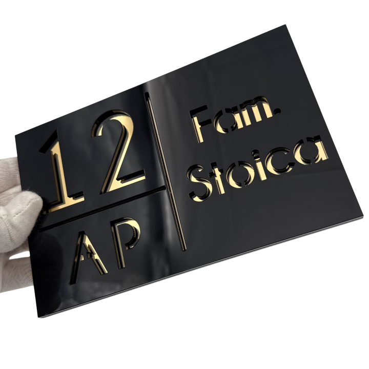 NUMAR APARTMANET PREMIUM - Negru Lucios / Auriu Oglinda - 20x13cm